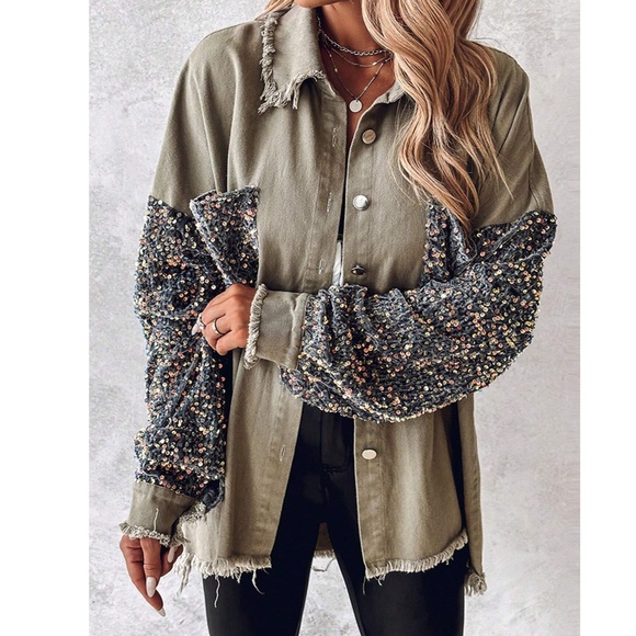 Cozy Sequin Sleeves Button Down Frayed Oversized Jacket Shacket